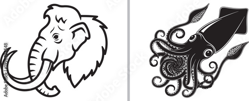 Mammoth head and giant squid mascot vector illustrations isolated on white background