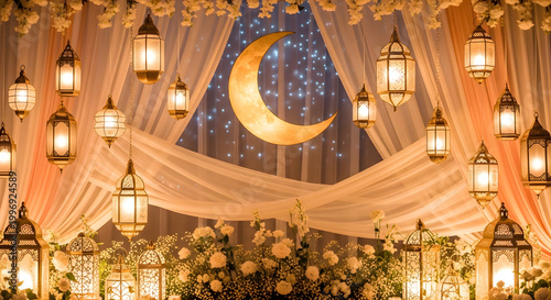 Ramadan decorations a crescent moon and lanterns create a festive atmosphere