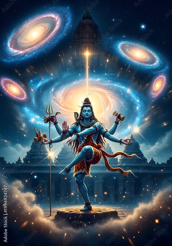 Lord Shiva Performing Cosmic Dance in Universe with Galaxies and Temple ...