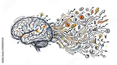 Human brain sketch generating business and financial growth concepts.