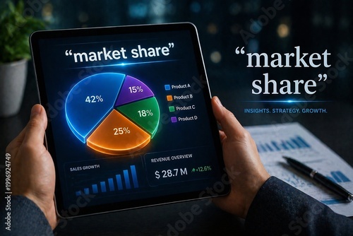 A person holding a tablet displaying a market share chart in a professional setting.