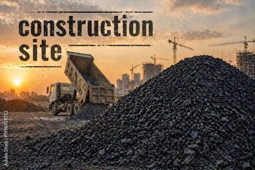 A construction site with a dump truck near a large pile of gravel at sunset.