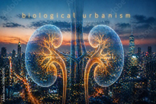 Digital art depicting glowing kidneys superimposed over a nighttime cityscape.