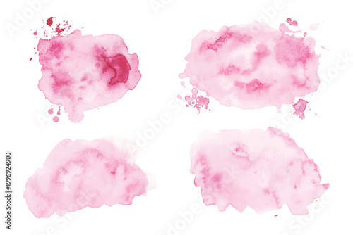 Pink Watercolor Splash and Stains Set. Painted watercolour blot with ink drops, isolated on white background. Vector illustration