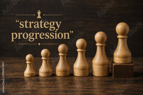 Wooden chess pieces are arranged on a dark wooden surface with the text strategy progression.
