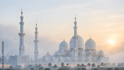 Sheikh Zayed Grand Mosque in Abu Dhabi Wrapped in Morning Mist at Sunrise, White Marble Islamic Architecture with Minarets and Domes in Foggy Golden Hour Light, United Arab Emirates Landmark