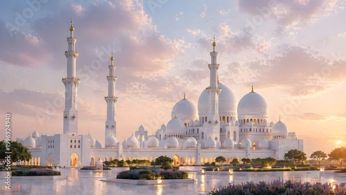Sheikh Zayed Grand Mosque in Abu Dhabi at Sunset with Dramatic Sky, Beautiful Islamic Architecture Landmark of United Arab Emirates, White Marble Mosque and Minarets in Soft Evening Light