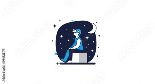 A cartoon character sitting on a box under a starry night sky with a crescent moon.
