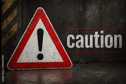 A red and white caution sign is displayed against a dark, textured background.