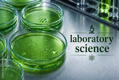 Green liquid in petri dishes on a laboratory surface.