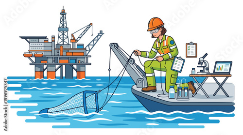 Marine Scientist Analyzing Water Samples Near Offshore Oil Rig Platform Illustrating Industry Environmental Monitoring