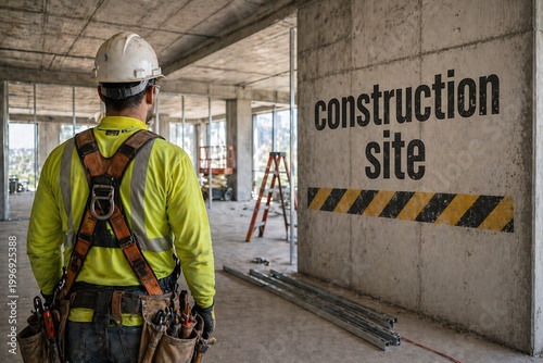 A construction worker in safety gear stands on a concrete building site.