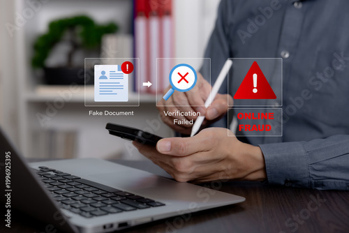 Foto Online fraud detection concept with fake document alert and failed verification on virtual interface, showing identity fraud prevention, cybersecurity risk and digital security