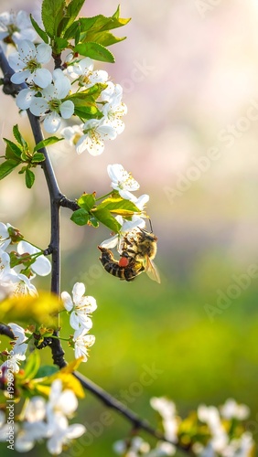 Close-up of delicate white blossoms on a branch with a bee mid-flight, soft sunlight bathes the scene in vibrant hues