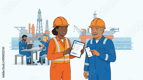 Diverse Oil Industry Workers Team Collaboration On Offshore Platform Vector Illustration