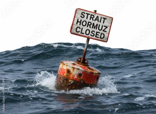 Weathered buoy with strait of hormuz closed sign floating in ocean waves