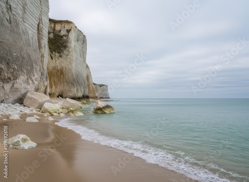 White chalk cliffs and sandy beach along the english channel coast