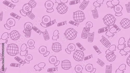 Seamless technology doodle pattern animation featuring chat bubbles, mobile phones, webcam and globe icons on pink background. Perfect for communication, social media and digital themes.