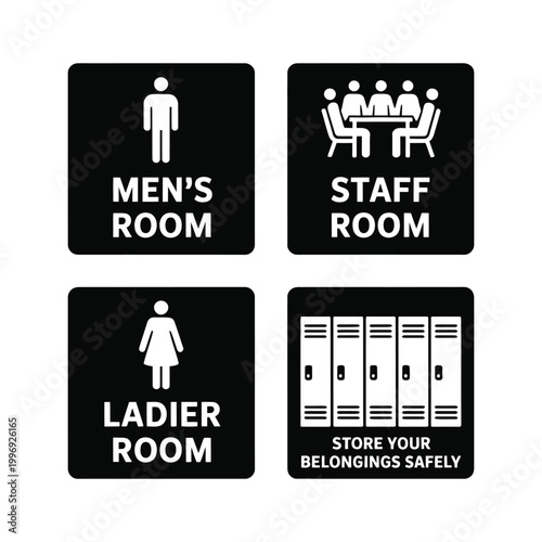 Sign icons for men's room, staff room, ladies room, and storage