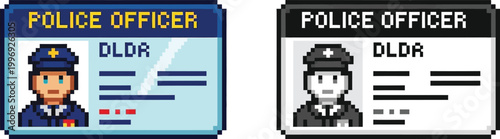 Two pixel art police officer identification cards, one in color and one in grayscale, featuring a portrait and placeholder text.