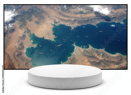 White circular display podium in front of a satellite view of a coastal bay