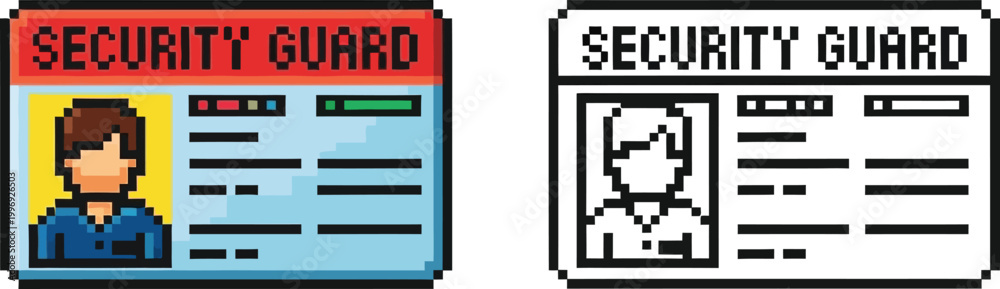 Obraz premium Pixel art illustration of a security guard identification card, featuring a portrait of a guard and text fields, presented in both color and monochrome versions.
