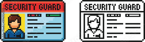 Pixel art illustration of a security guard identification card, featuring a portrait of a guard and text fields, presented in both color and monochrome versions.