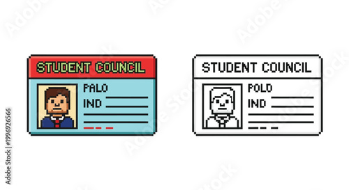 Two pixel art illustrations of student council identification cards, one in color and one in black and white outline.