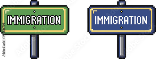 Two pixel art street signs indicating immigration, one green and one blue, on poles.