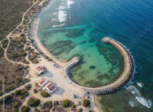 Aerial view of a circular stone breakwater enclosing a turquoise coastal lagoon
