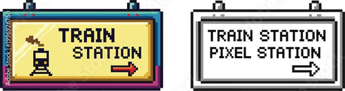 Two pixel art signs indicating a train station, one colored and one black and white, with arrows pointing right.