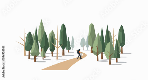 Illustration of a person walking on a winding path through a snowy forest with evergreen trees.
