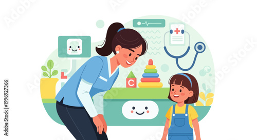 Smiling doctor or nurse talking to a happy young girl in a colorful pediatric clinic