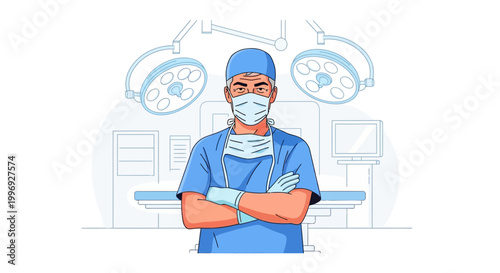 Confident surgeon wearing medical mask and scrubs in hospital setting with surgical lights