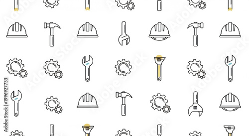 Construction tools and equipment icons set including hard hats hammers wrenches and gears on white background for industrial and building concepts