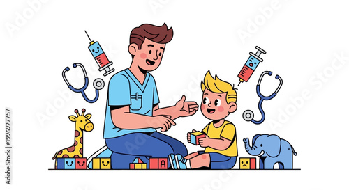 Smiling doctor or nurse talking to a happy young boy in a playful medical setting