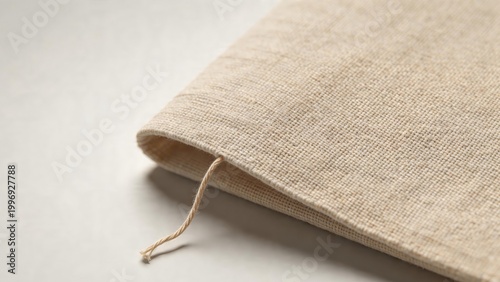 Close-up of Natural Linen Fabric Texture with Frayed Edge and Thread