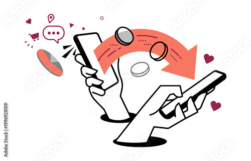 Mobile payment transaction between two smartphones with e commerce transaction smartphone transfer communication illustration commerce business exchange connection shopping