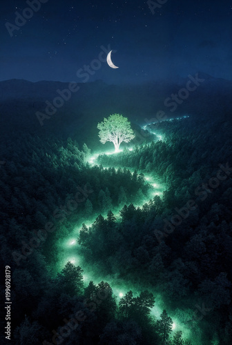 Under a starry night sky with a crescent moon, a single, brilliantly glowing tree stands as a luminous beacon in the center of a vast, dark forest, with a winding path of green light spiraling around 