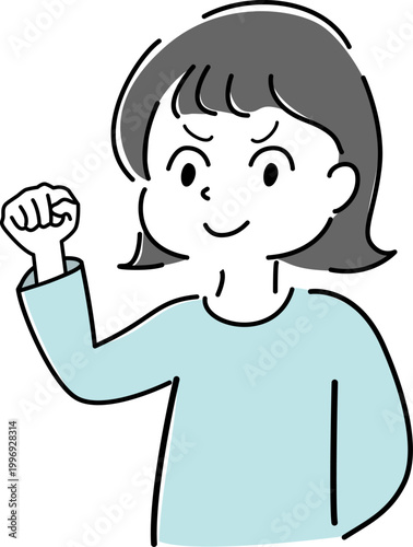 ガッツポーズをする女性の上半身シンプルイラスト（成功・やる気・自信・ポジティブ・人物素材）/ Simple Illustration of Motivated Woman with Fist Pump Gesture (Success, Achievement, Joy, Person)
