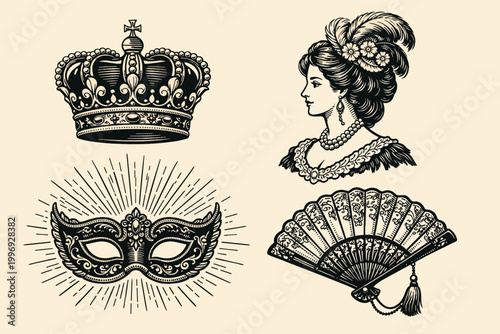 Vintage Baroque and Victorian Era Design Elements Set Featuring Royal Crown, Noble Lady Portrait, Ornate Masquerade Mask with Sunburst, and Decorative Folding Hand Fan in Classic Engraving Style.