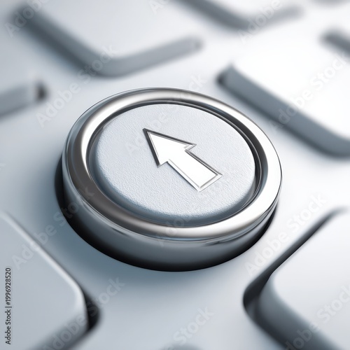Close up of a silver arrow key on a computer keyboard with glossy finish