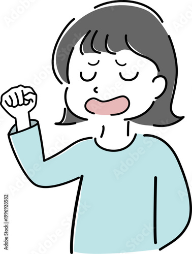 仕方ないと諦めながらガッツポーズをする女性の上半身シンプルイラスト（妥協・やれやれ・諦め・感情表現・人物素材） / Upper  body woman making a reluctant victory pose simple line illustration (resignation, compromise, acceptance, emotion, people)