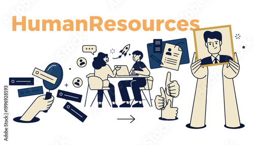 Human resources department and recruitment process illustration with recruitment candidate interview application employment business management illustration strategy selection personnel