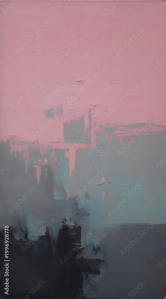 Fototapeta premium Abstract oil painting shows textured pink and gray grunge patterns with vertical brushstrokes and dark shadowy forms. Modern art style with blended colors and rough surfaces.