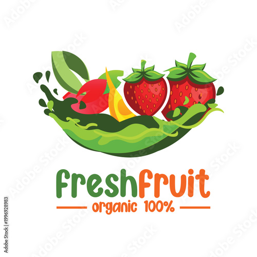 Fresh fruit organic logo design with strawberry and splash for juice bar and healthy food vector illustration