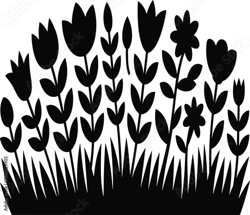 Silhouettes of black tulips and grass against white background vector illustration EPS PNG file