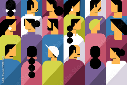 Abstract illustration of a diverse group of people in colorful geometric style, representing community, inclusivity, and modern society