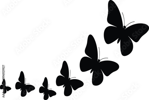 Black butterfly silhouettes in flight, varied sizes vector illustration EPS PNG file