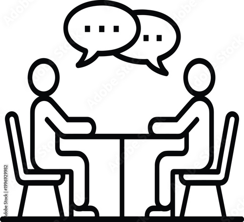 Black line showing two people sitting at table with speech bubbles vector illustration EPS PNG file
